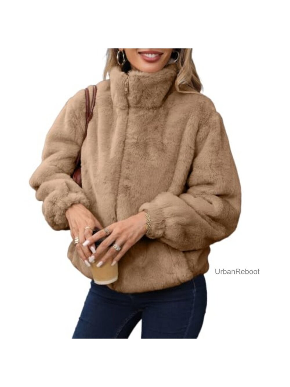 Cropped Faux Fur Zip-Up Winter Jacket Fuzzy Coat